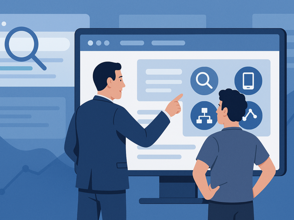 Illustration showing an SEO expert guiding a Bubble.io developer. The expert points to a large web app interface with icons representing keyword research, analytics, mobile optimization, and sitemap submission, highlighting improved visibility and traffic for the app.

