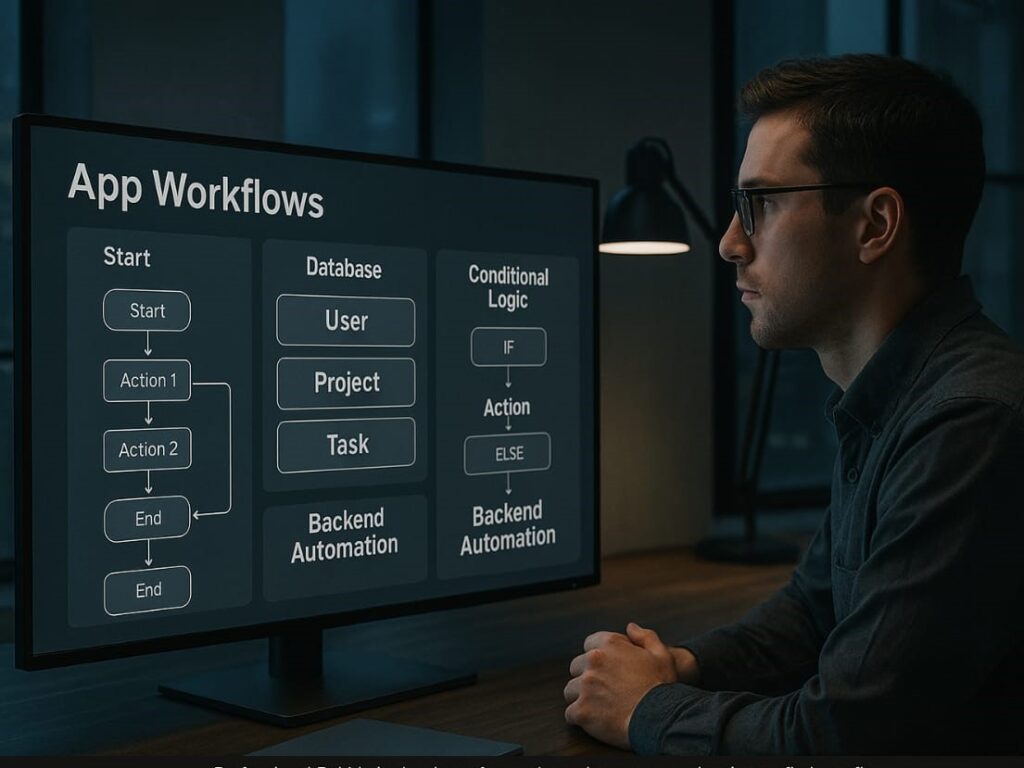 A Bubble.io developer working on complex app workflows displayed on a large screen, with flowcharts, conditional logic branches, and backend automation processes, symbolizing structured and optimized workflow development.

