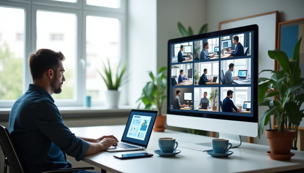 A startup founder sitting at a desk, looking at a laptop screen with a Bubble.io interface open, while talking to a remote developer on a video call — representing outsourcing in app development.