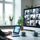 A startup founder sitting at a desk, looking at a laptop screen with a Bubble.io interface open, while talking to a remote developer on a video call — representing outsourcing in app development.