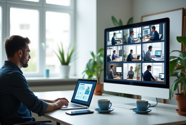 A startup founder sitting at a desk, looking at a laptop screen with a Bubble.io interface open, while talking to a remote developer on a video call — representing outsourcing in app development.