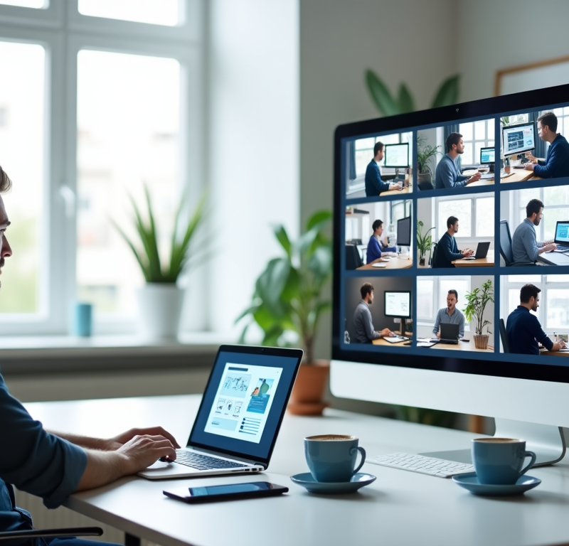 A startup founder sitting at a desk, looking at a laptop screen with a Bubble.io interface open, while talking to a remote developer on a video call — representing outsourcing in app development.