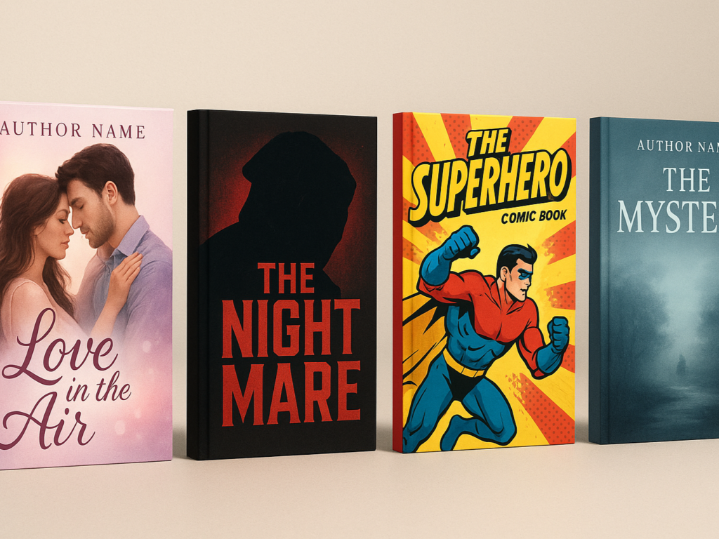 A creative display of custom book covers from various genres—romance, thriller, comic, and mystery—each highlighting distinct typography, color schemes, and imagery. Includes romance covers with pastel tones and script fonts, thrillers with dark colors and sharp text, and comics with bold, vibrant colors and action scenes.

