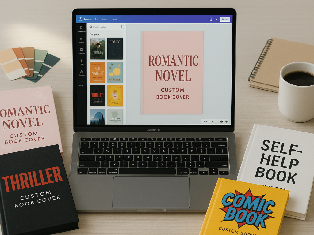A laptop displaying a book cover design in progress using a design tool like Canva or Placeit, surrounded by printed book cover mockups, design templates, and creative tools like pens, notebooks, and color swatches. The workspace suggests DIY book design for self-publishing authors.

