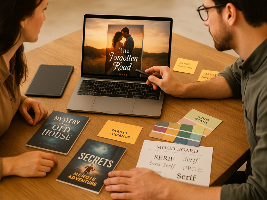 An author and a graphic designer discussing a book cover concept at a desk with a laptop displaying a draft design. Printed book cover samples, genre notes, mood boards, and color swatches are spread across the table, representing collaboration and creative direction.

