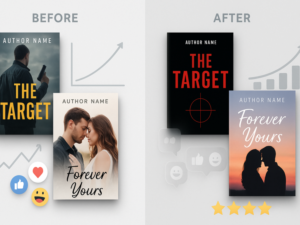 A side-by-side visual of two indie book cover redesigns labeled “Before” and “After.” One side shows a dark thriller cover with plain typography and stock imagery, while the redesigned version features bold colors, sharp fonts, and a minimalist suspenseful graphic. The second pair contrasts a generic romance cover with a striking new version featuring soft pastels, elegant fonts, and a sunset silhouette of a couple. Background elements include charts showing rising sales and social media icons indicating increased buzz.

