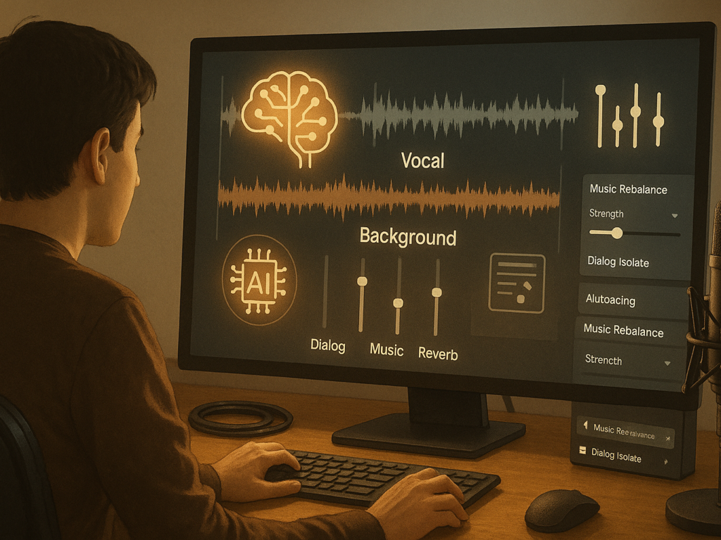 A modern audio editing workspace showing a user isolating voice from a mixed audio track on screen. The display features a digital waveform with separated layers labeled “voice” and “background music,” with the music layer being reduced or muted. Surrounding the screen are visual cues like AI brain icons, sliders, and spectrograms. The environment includes headphones, audio monitors, and a clean desk setup, emphasizing advanced AI audio tools and sound editing precision.

