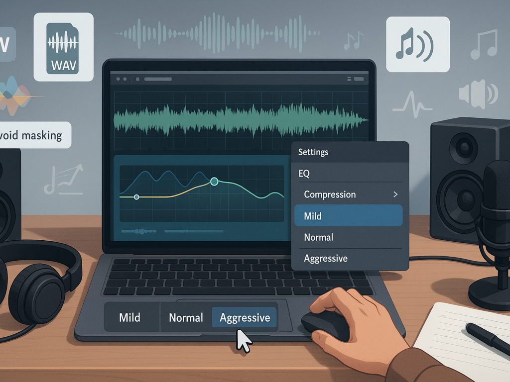 A digital audio workstation interface on a computer screen displaying a high-resolution waveform and adjustable frequency bands. Labels like “320 kbps MP3,” “WAV/FLAC,” and “Compression: Mild–Aggressive” appear next to sliders and audio tracks. A person wearing headphones fine-tunes audio settings. Nearby are floating icons of EQ curves, sound waves, and tools for audio separation. The desk features a high-quality microphone and studio monitors, reinforcing the focus on professional audio editing and clean sound separation techniques.

