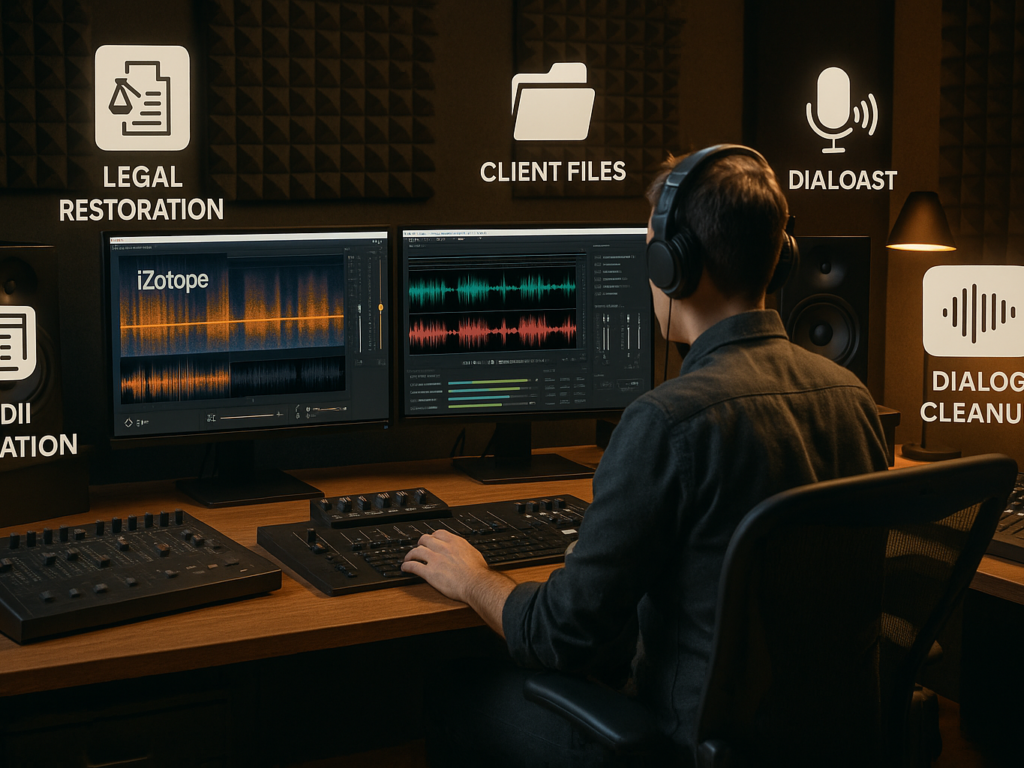 A professional audio engineer working in a soundproof studio, using advanced editing software on dual monitors. One screen shows a multitrack waveform, EQ curves, and labeled tools like iZotope RX and Adobe Audition. Floating text indicates tasks such as “dialog cleanup,” “noise removal,” and “legal audio restoration.” The workspace includes acoustic panels, a mixing console, and studio headphones, suggesting high-end tools and professional expertise for complex audio work.

