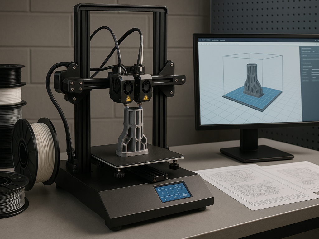 Dual extruder 3D printer creating a complex multi-material part.