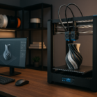 Dual extruder 3D printer in use at a digital agency workspace.