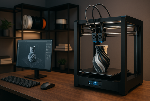 Dual extruder 3D printer in use at a digital agency workspace.