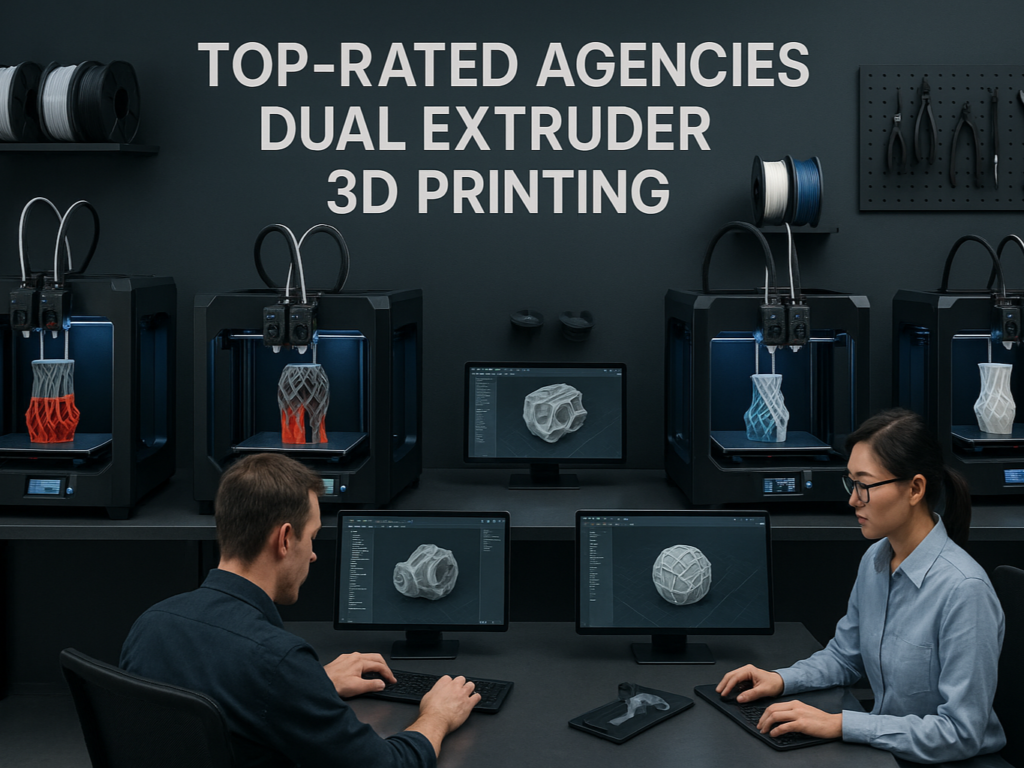 Digital agency workspace with dual extruder 3D printers in action.
