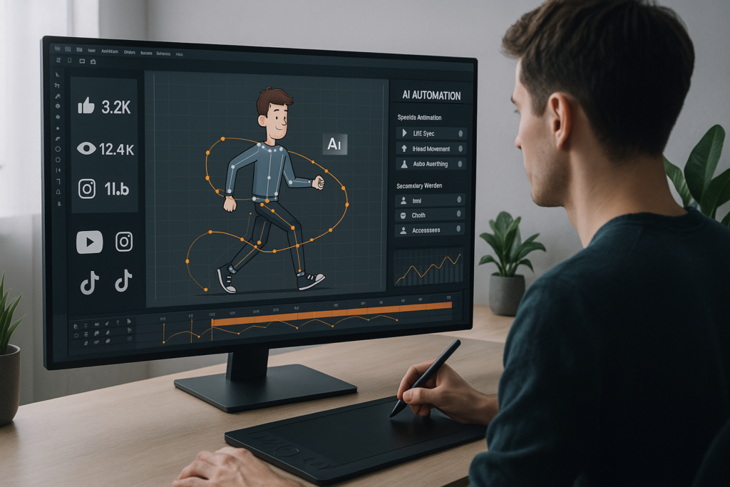 Modern brand using AI animation tools to create engaging video content in a sleek workspace.