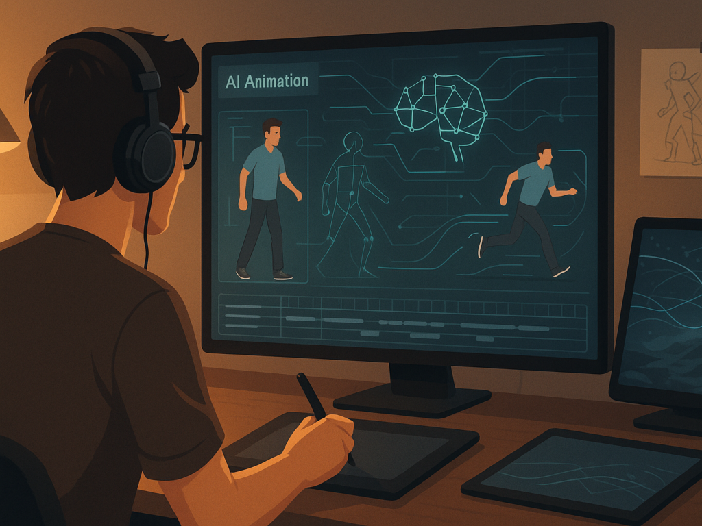 An animator using AI tools to design animated characters in a sleek digital workspace.

