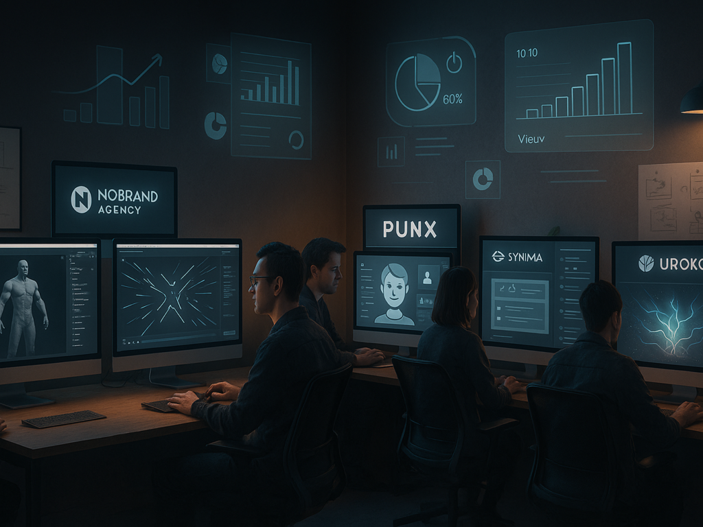 A showcase of creative teams using AI tools to design animated brand content across digital workstations.

