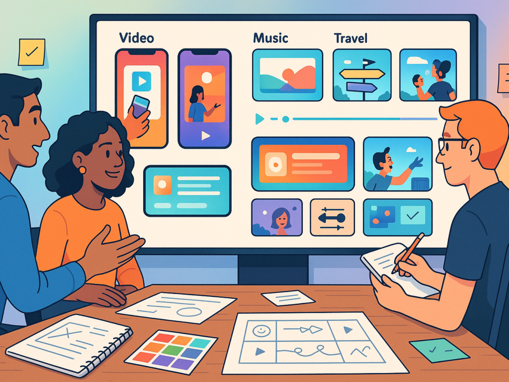 Illustration of a creative team designing a custom app video with clear visuals and collaboration.

