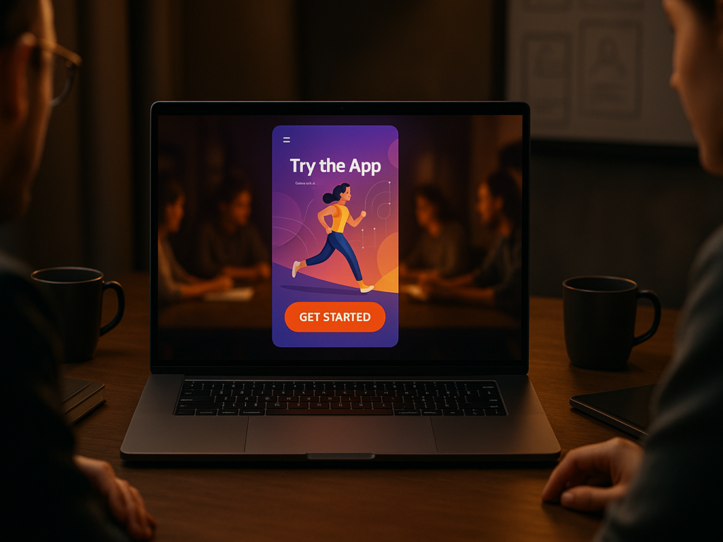 App developer reviewing final promo video frame on a laptop with team.


