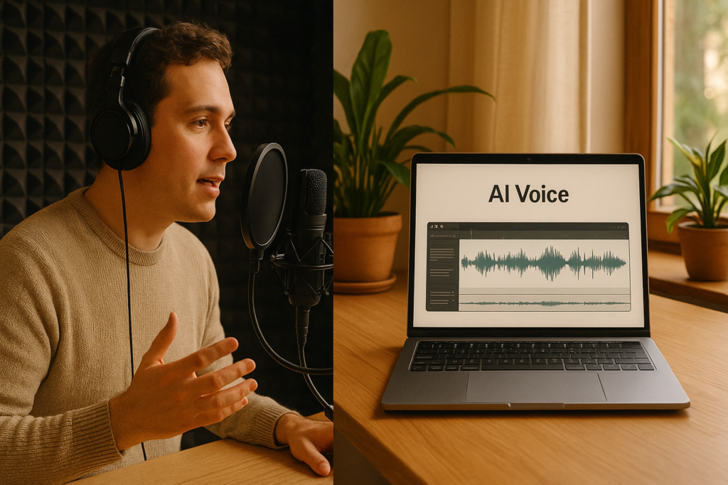 A person recording voice-over in a professional studio while a computer displays AI-generated voice waveform on screen.