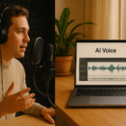 A person recording voice-over in a professional studio while a computer displays AI-generated voice waveform on screen.