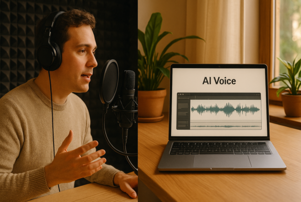 A person recording voice-over in a professional studio while a computer displays AI-generated voice waveform on screen.