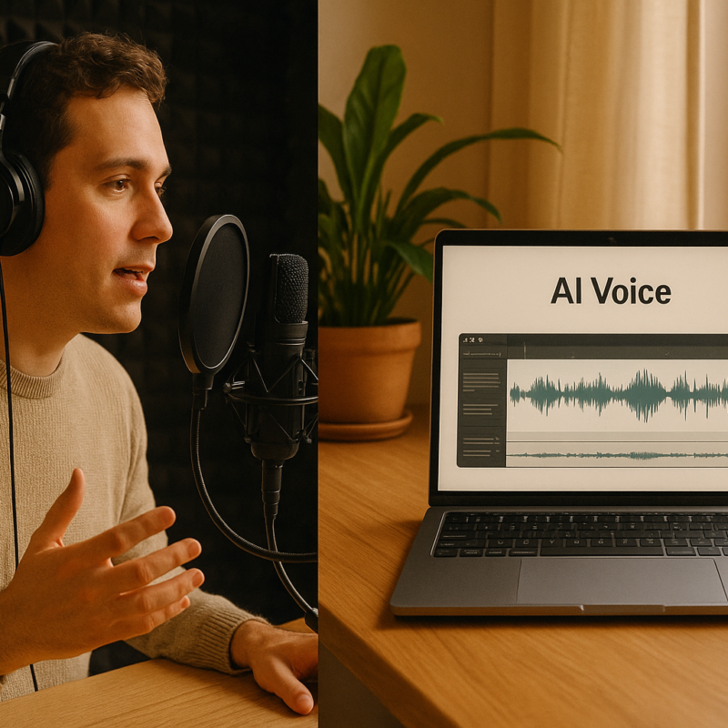 A person recording voice-over in a professional studio while a computer displays AI-generated voice waveform on screen.