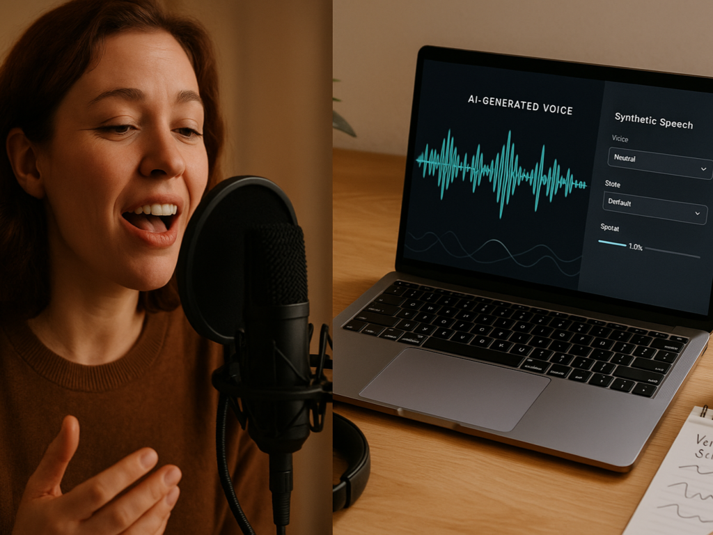 A side-by-side view of a person recording audio and a computer generating a digital voice waveform.