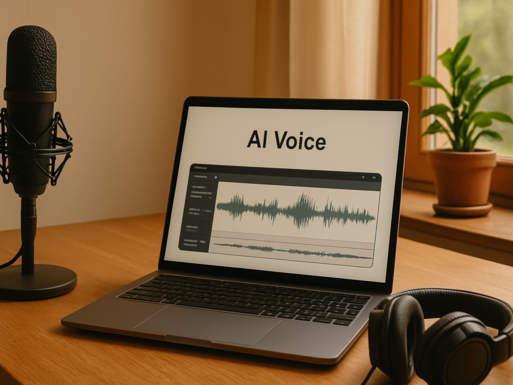 A laptop showing AI voice software with next to a microphone and headphones on a tidy desk.

