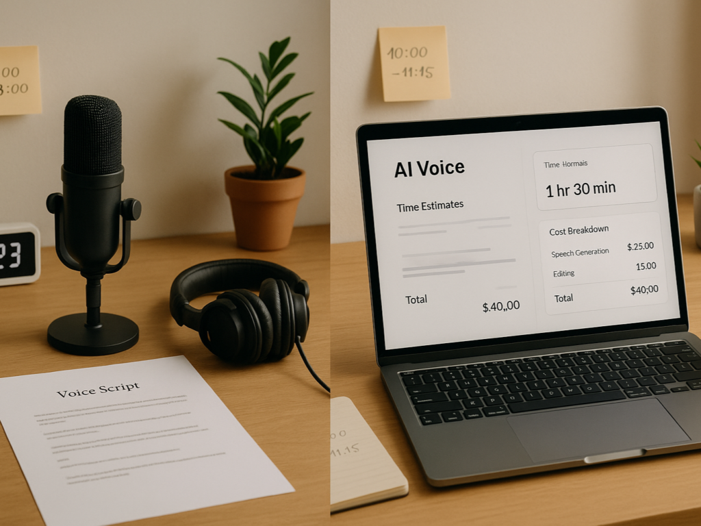 A workspace showing a side-by-side comparison of traditional voice-over setup and AI voice software, highlighting tools and time management notes.

