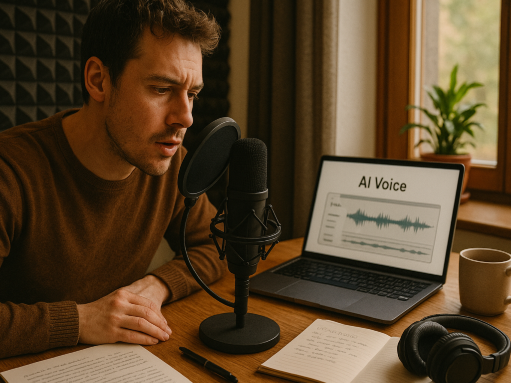 A voice artist recording with emotion in a sound-treated room, highlighting the expressive power of human narration.