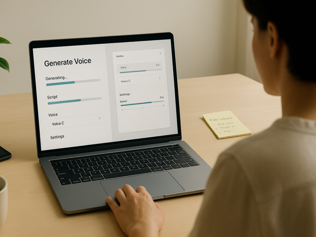 A person using AI voice software on a laptop in a bright, efficient workspace, suggesting speed and convenience.