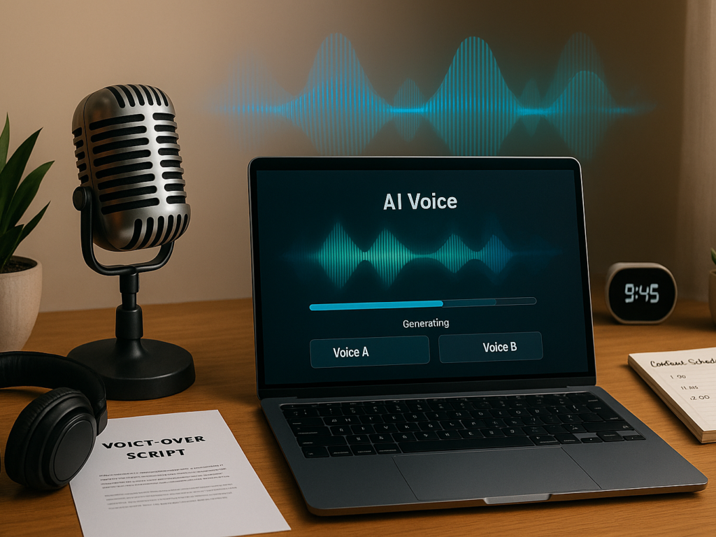 A futuristic workspace blending traditional voice-over tools and emerging AI technology.