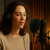 A woman in a recording booth speaking into a microphone with a focused, confident expression.
