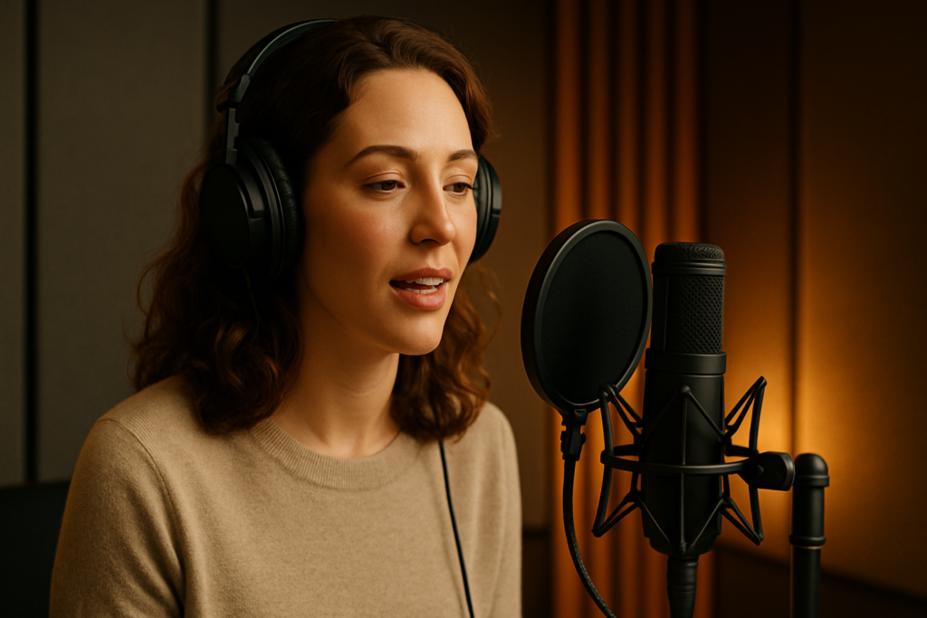 A woman in a recording booth speaking into a microphone with a focused, confident expression.