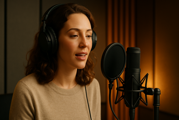 A woman in a recording booth speaking into a microphone with a focused, confident expression.