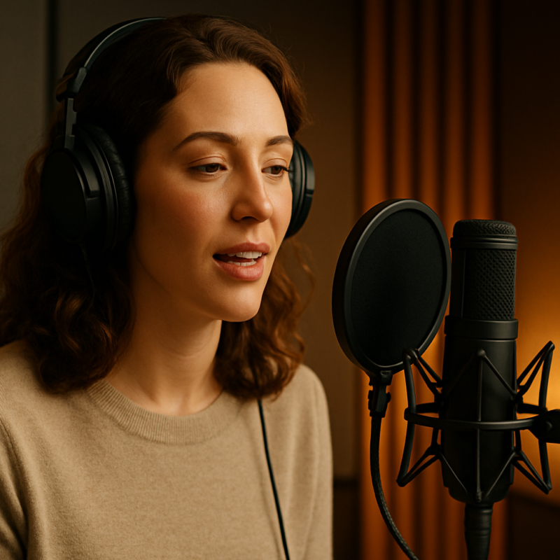 A woman in a recording booth speaking into a microphone with a focused, confident expression.