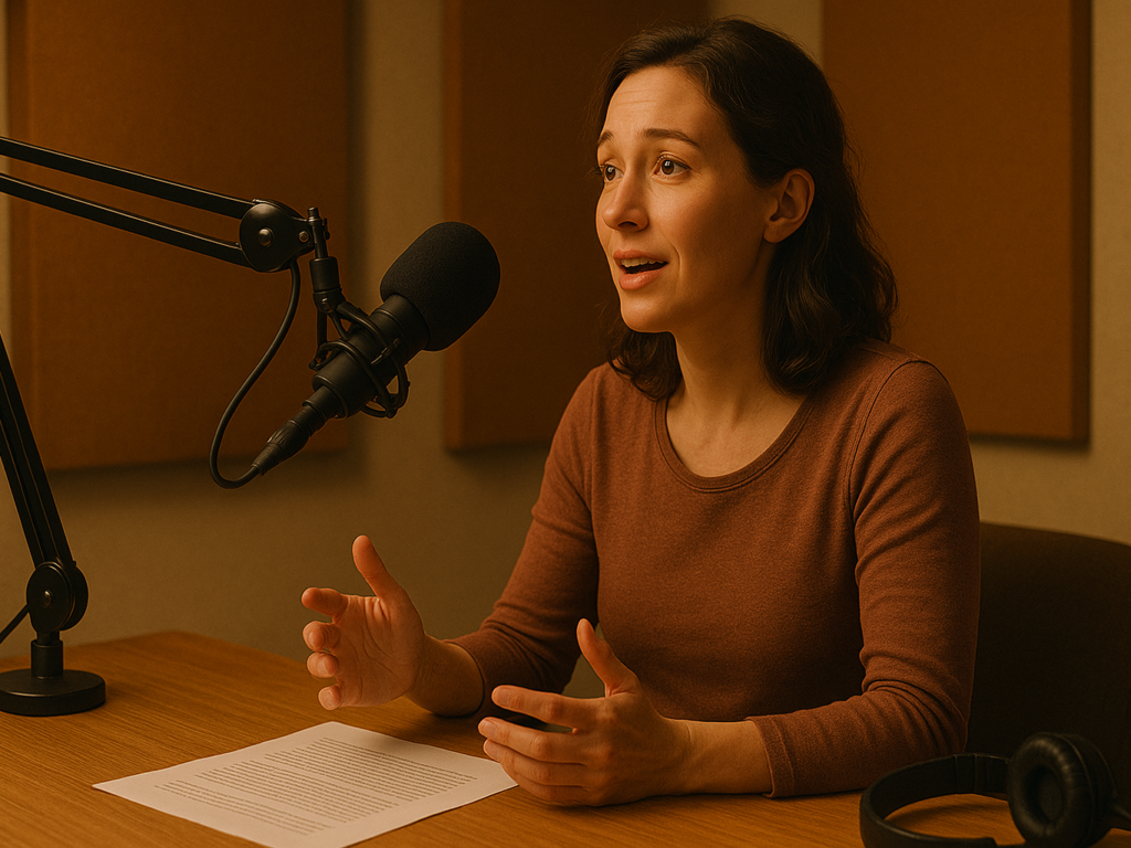 A woman recording voice-over in a cozy studio, her expression warm and engaging.

