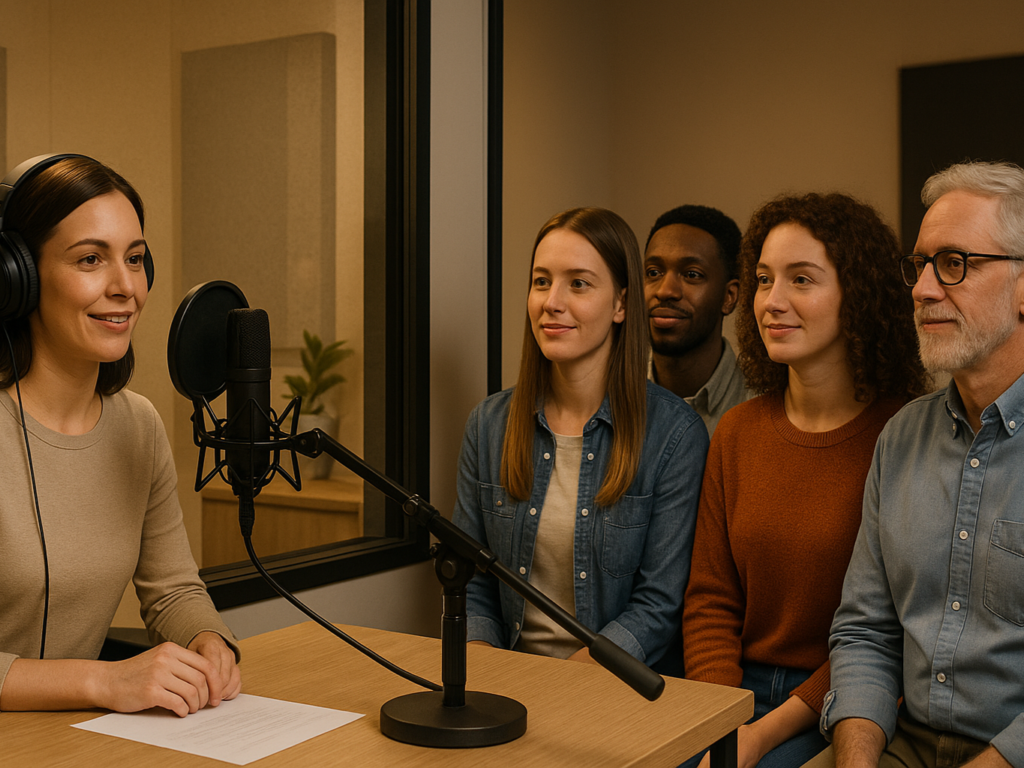 A diverse group of people listening with interest as a woman records in a studio setting.

