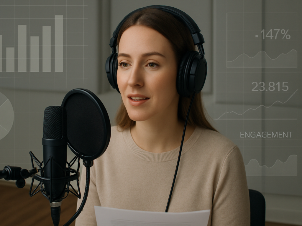 A woman recording a voice-over in a studio while a screen shows charts and engagement data behind her.

