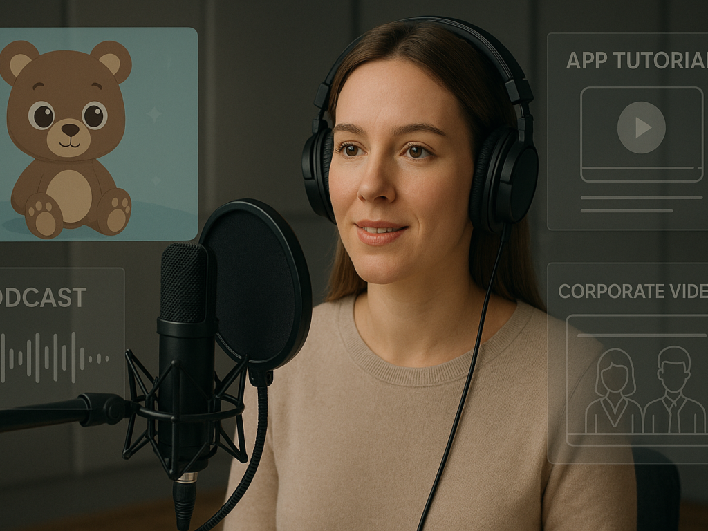 A female voice actor records in a studio while different media formats play on nearby screens.

