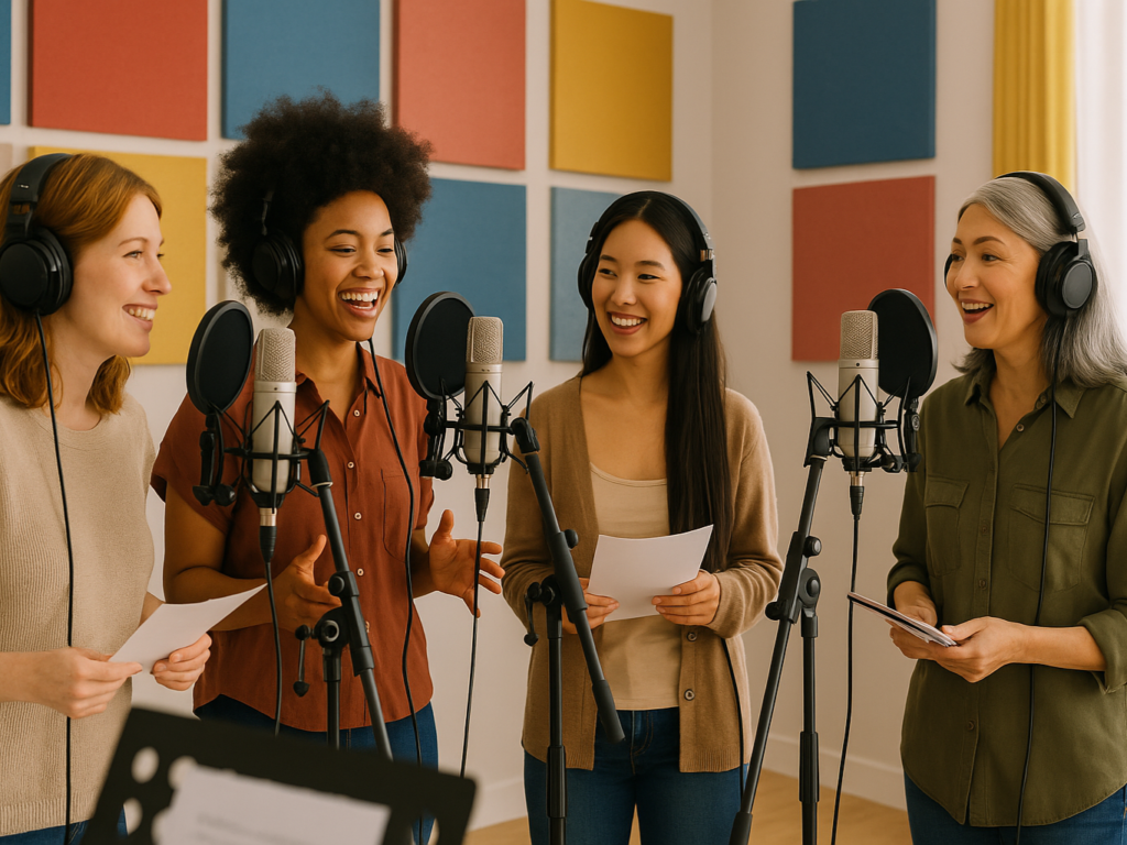 A diverse group of women voice actors recording in a modern studio, sharing creative energy.

