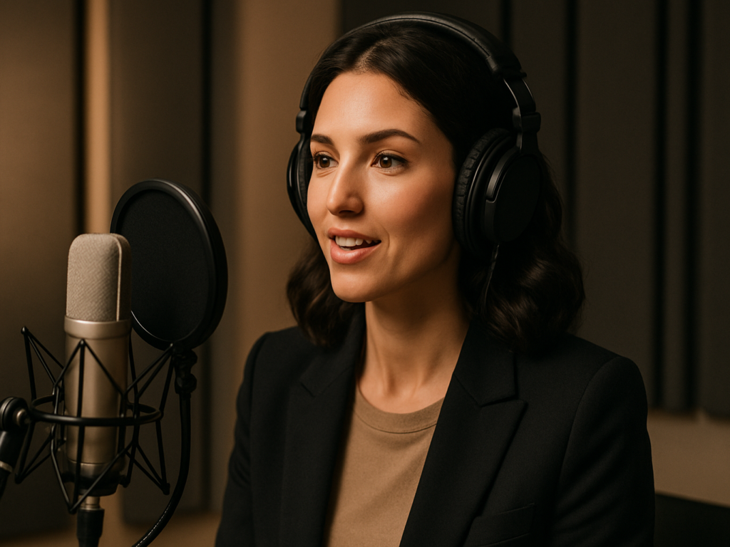 Confident woman recording voice-over in a modern studio.

