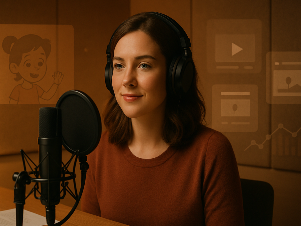  A woman in a recording studio speaking into a microphone with a calm, focused expression, surrounded by soft lighting and creative elements.