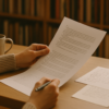 A person reading a printed manuscript at a cozy desk, with a pen in hand and notes scattered around.