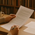 A person reading a printed manuscript at a cozy desk, with a pen in hand and notes scattered around.
