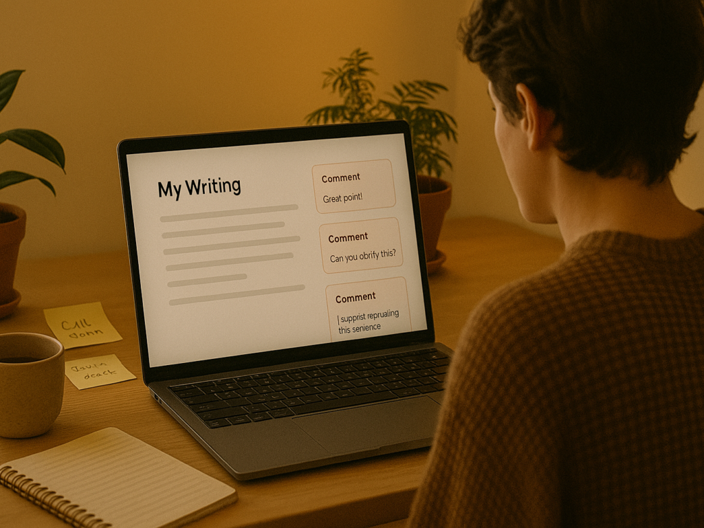 A thoughtful writer reviewing feedback on their laptop, surrounded by sticky notes and a cup of coffee.

