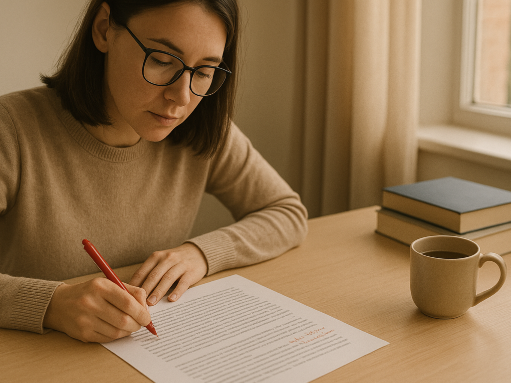 A person carefully editing a printed manuscript with a red pen, wearing glasses and sitting in a quiet, focused environment.

