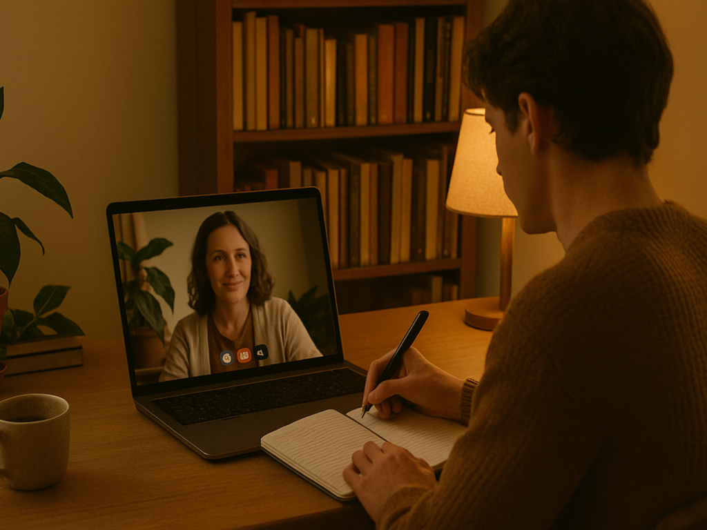 A writer jotting down questions in a notebook while looking at a laptop screen during a video call.


