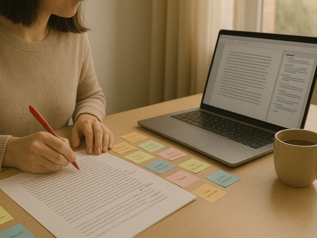 A writer reviewing notes and making edits on a printed draft with a laptop open beside them.

