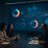 Business team viewing animated motion graphics on a large screen during a strategy meeting.
